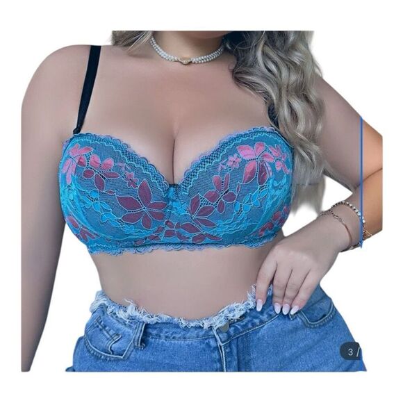 FFF Plus Size Blue Pink Floral Balconette Bra Size 40D - Picture 1 of 7